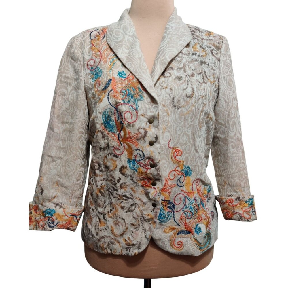 Coldwater Creek 10 Womens Linen Blend Embroidered Boho Chic Artsy Jacket Beige